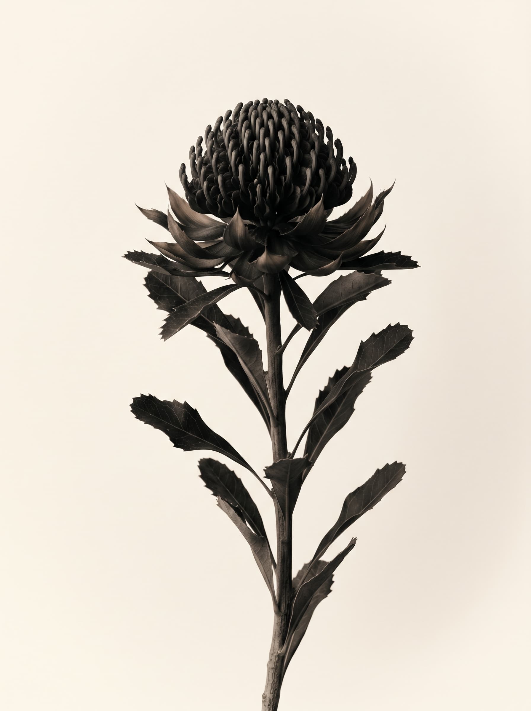 Duotone botanical study of a native Australian waratah in bloom